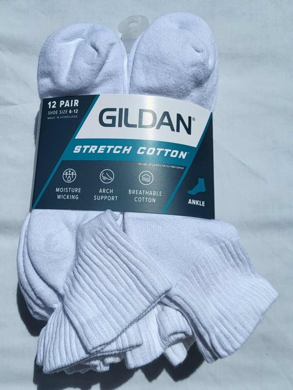 Gildan Socks Men's Shoe Size 6-12 Stretch Cotton Ankle Cut White 12 pairs